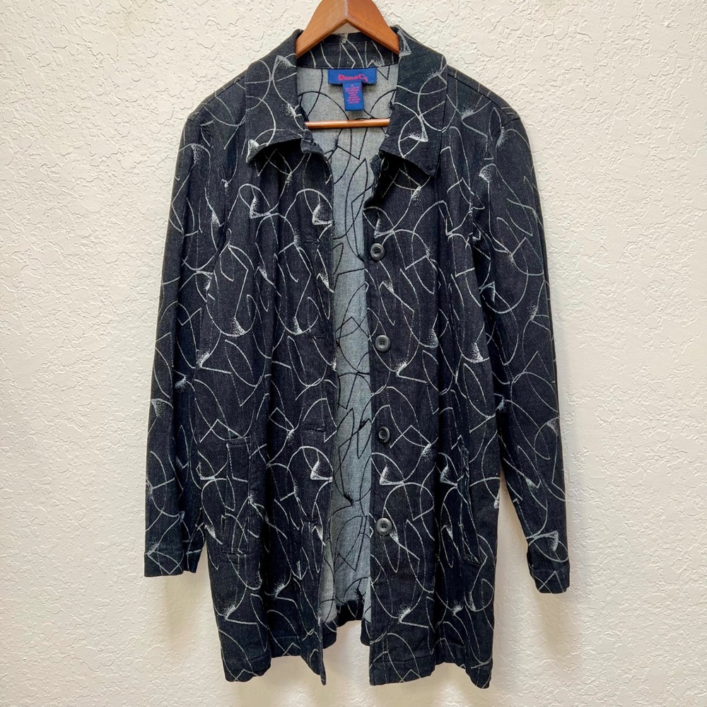 Denim & Co Womens Medium Black White Abstract Print Button Front Longline Jacket